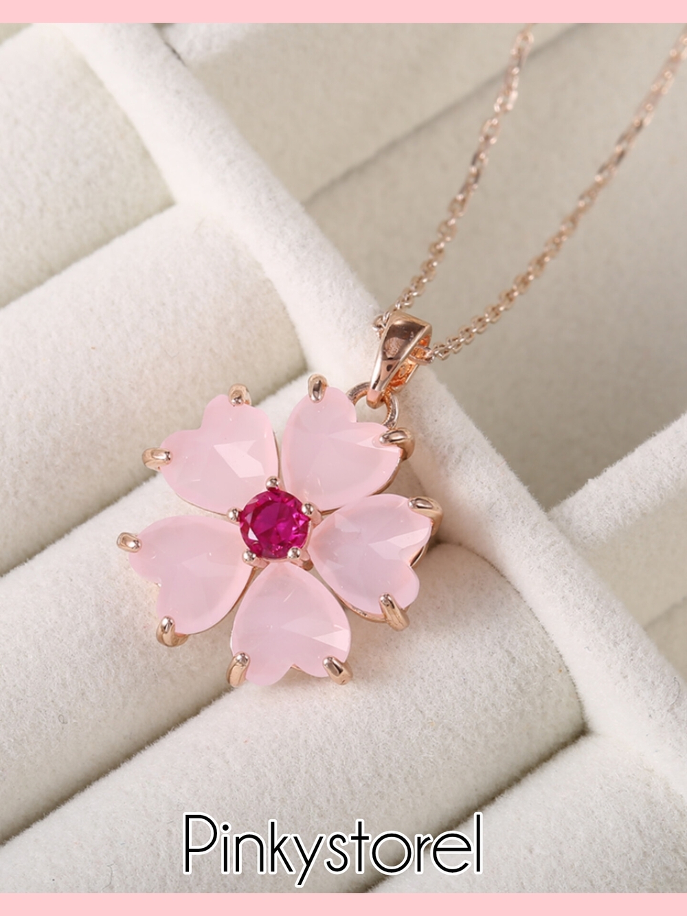 Rose Gold Pink Flower Pendant Necklace with Pink Center - Picture 2 of 7